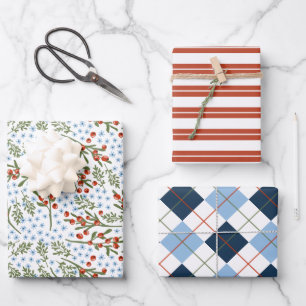 Feuille De Papier Cadeau Baies rouges Fleurs bleues Plaid Stripes Noël