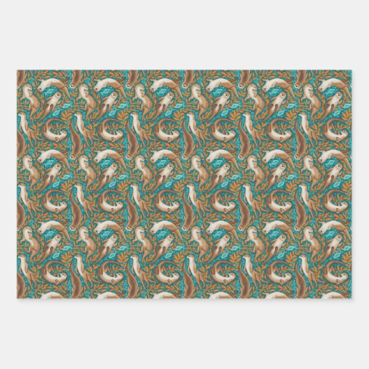 Feuille De Papier Cadeau Baignade douce en Gouache Turquoise et orange (Devant 3)