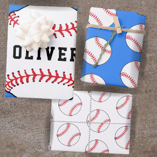 Feuille De Papier Cadeau Bal de baseball bleu Motif Enfants Nom Anniversair