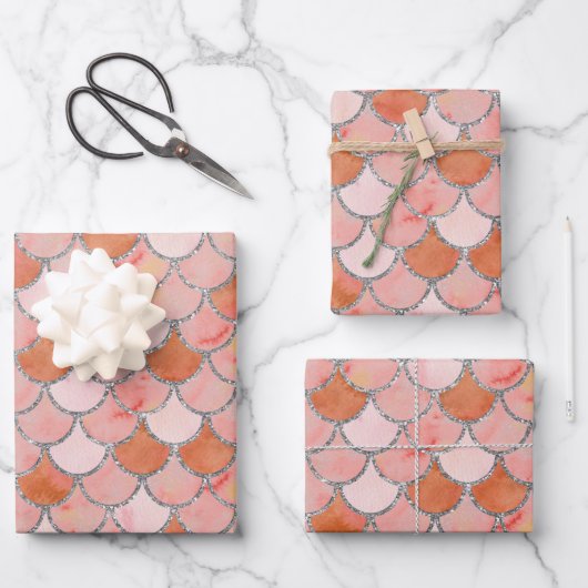 Feuille De Papier Cadeau Balances de sirène orange, rose et argent (Recto)