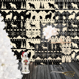 Feuille De Papier Cadeau Balayage nordique Beige Noir Plaid Animaux d'hiver