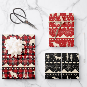 Feuille De Papier Cadeau Balayage nordique Beige Rouge Plaid Animaux d'hive