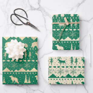 Feuille De Papier Cadeau Balayage nordique Or Beige Vert Animaux d'hiver