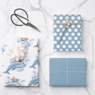 Feuille De Papier Cadeau Baleine bleue aquarelle Anniversaire