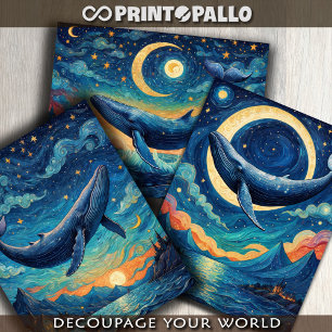 Feuille De Papier Cadeau Baleine bleue dans un monde de gogh Van bleu