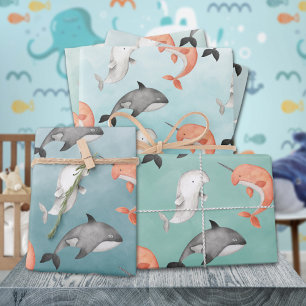 Feuille De Papier Cadeau Baleines Beluga Narwhal Sous La Mer Bleue Profonde