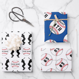 Feuille De Papier Cadeau Balle de Baseball Bleue Nom Enfant Joueur de Sport
