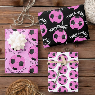 Feuille De Papier Cadeau Balle de soccer rose et noir pour enfant