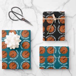 Feuille De Papier Cadeau Balles de Basket Enfants Nom Sports Joyeux Anniver