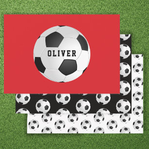 Feuille De Papier Cadeau Balles de football pour enfants nom rouge annivers