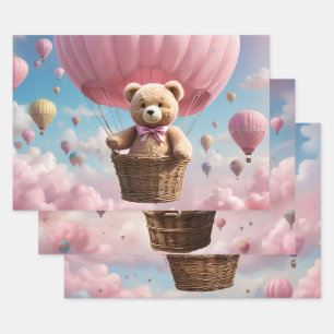 Feuille De Papier Cadeau Ballons à air chaud et nounours