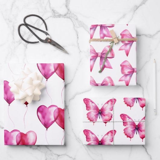 Feuille De Papier Cadeau Ballons Coeur Rose Anniversaire (Recto)