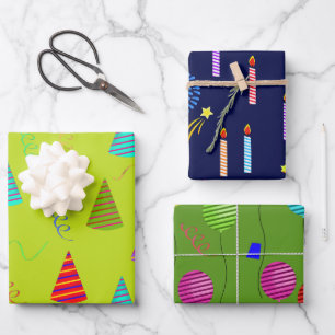 Feuille De Papier Cadeau Ballons de fête, Casquettes et bougies en stri col