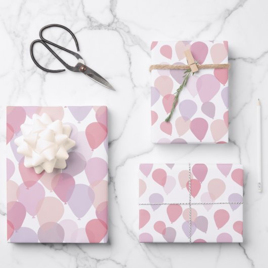 Feuille De Papier Cadeau Ballons de fête d'anniversaire mignons rose fille (Recto)