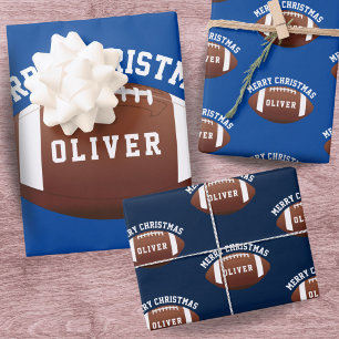 Feuille De Papier Cadeau Ballons de Football Américain Nom Bleu Noël