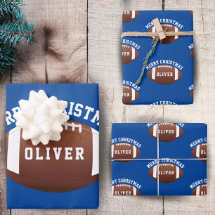 Feuille De Papier Cadeau Ballons de Football Américain Nom Bleu Noël