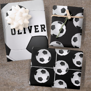 Feuille De Papier Cadeau Ballons de Football Enfants Nom Noir Anniversaire