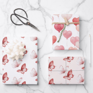 Feuille De Papier Cadeau Ballons en forme de cœur Rose Rouge Papillons Anni