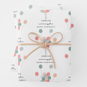 Feuille De Papier Cadeau Ballons Pastel Coloré Moderne Anniversaire Nom Age