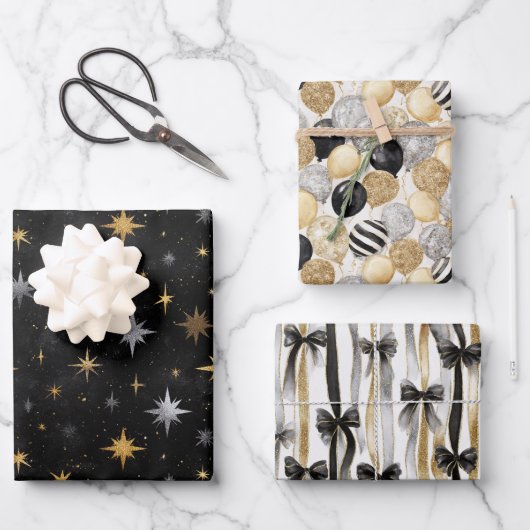 Feuille De Papier Cadeau Balloons & Bows Gold Black Silver Christmas (Recto)