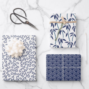 Feuille De Papier Cadeau Bambou japonais Seigaiha blanc et bleu