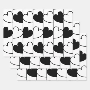 Feuille De Papier Cadeau Bandes de Coeurs Noir et Blanc