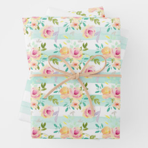 Feuille De Papier Cadeau Bandes de menthe Floral Chic