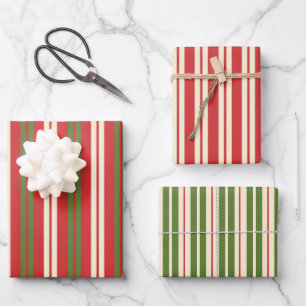 Feuille De Papier Cadeau Bandes de Noël rétros Crème rouge verte