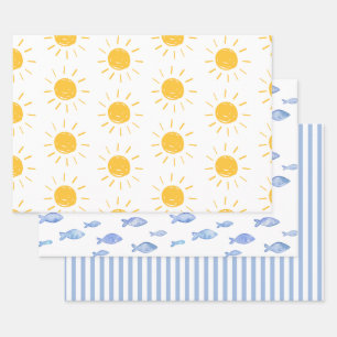 Feuille De Papier Cadeau Bandes de poisson bleu marine