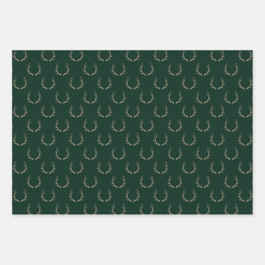 Feuille De Papier Cadeau Bandes de rennes mignonnes marron vert marine Noël (Devant)