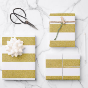 Feuille De Papier Cadeau Bandes d'or, Blancs, Motif rayé