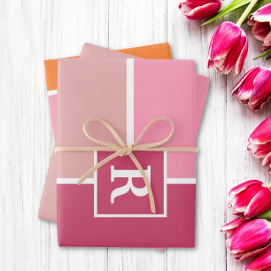 Feuille De Papier Cadeau Bandes en rose, blanc et orange avec Monogramme