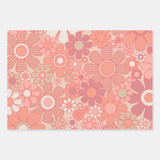 Feuille De Papier Cadeau Bandes et fleurs rétro en rose pastel (Devant 3)