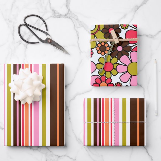Feuille De Papier Cadeau Bandes et fleurs rétro Motifs rétro (Recto)