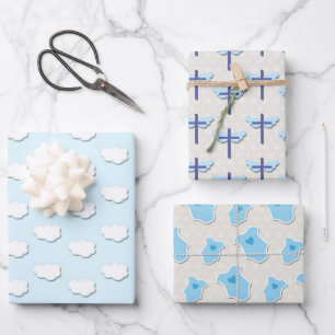 Feuille De Papier Cadeau Baptême Bleu Bébé Nuage Croix