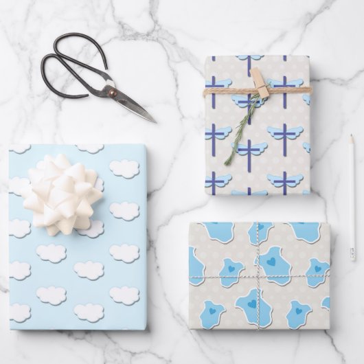 Feuille De Papier Cadeau Baptême Blue Baby Cloud Cross (Recto)