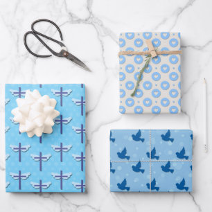 Feuille De Papier Cadeau Baptême Croix Colombe Bleue Amour