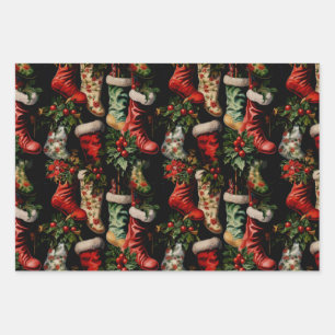 Feuille De Papier Cadeau Bas de Noël Vintage colorés