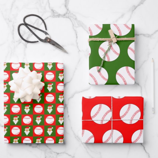 Feuille De Papier Cadeau Baseballs et Santa Clause Noël rouge et vert (Recto)