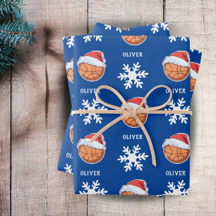 Feuille De Papier Cadeau Basket-ball avec Red Santa Hat Snowflon Nom