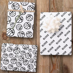 Feuille De Papier Cadeau Basket Ball Motif Noir et Blanc Nom
