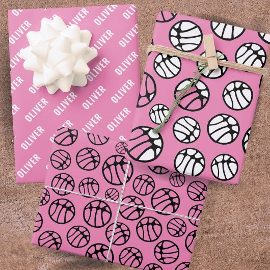 Feuille De Papier Cadeau Basket-ball Motif rose Nom