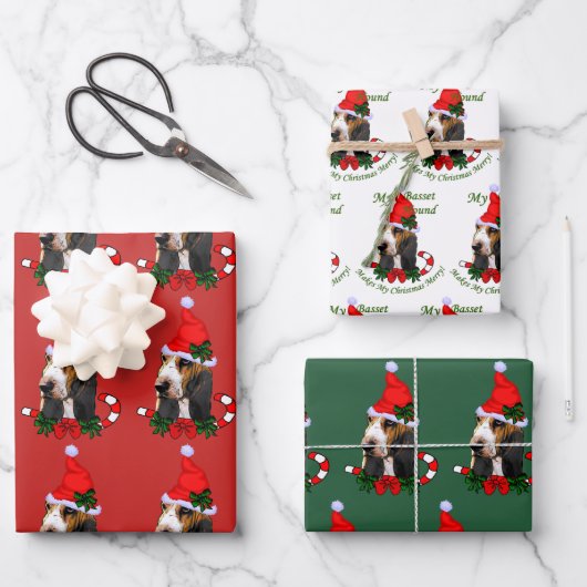 Feuille De Papier Cadeau Basset Hound Santa Hat Noël (Recto)