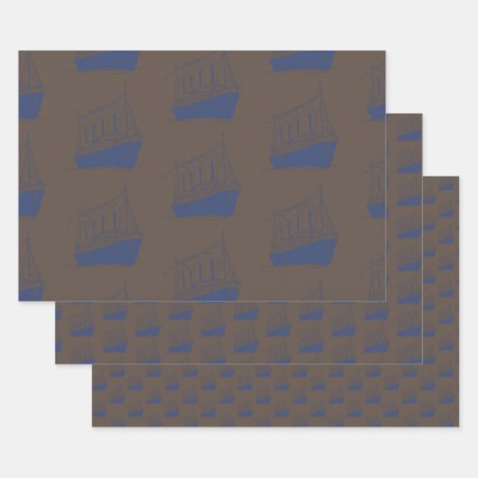 Feuille De Papier Cadeau Bateau à voile Nautical Retro Marine Brown Bleu Ba (Lot)