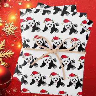Feuille De Papier Cadeau Bear Panda de Noël mignonne à Santa Hat Kids
