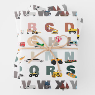 Feuille De Papier Cadeau Beau Alphabet ABC Camions, Véhicules de transport