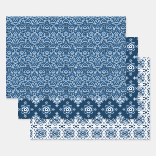Feuille De Papier Cadeau Beau bleu classique | Bleu et blanc élégant (Lot)