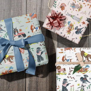 Feuille De Papier Cadeau Beau bleu rose blanc Chiens automne nature motif
