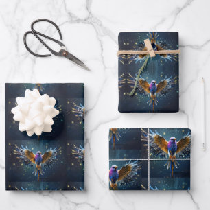 Feuille De Papier Cadeau Beau colibri bleu et vert