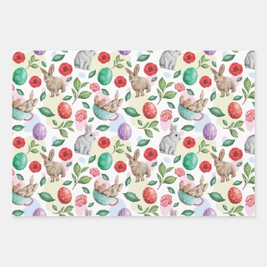 Feuille De Papier Cadeau Beau lapin et fleurs de Pâques (Devant)